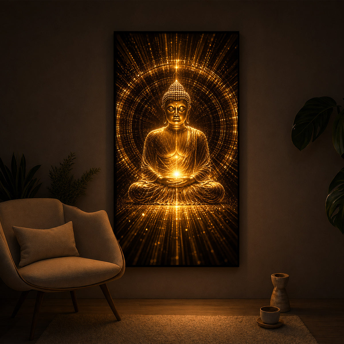 Golden Buddha Meditation Posture Modern Luxury Backlight Vertical Wall Art