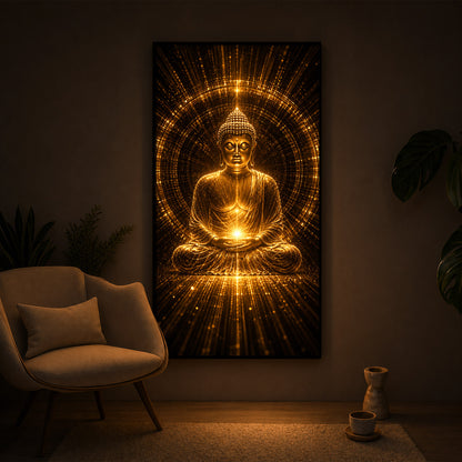 Golden Buddha Meditation Posture Modern Luxury Backlight Vertical Wall Art