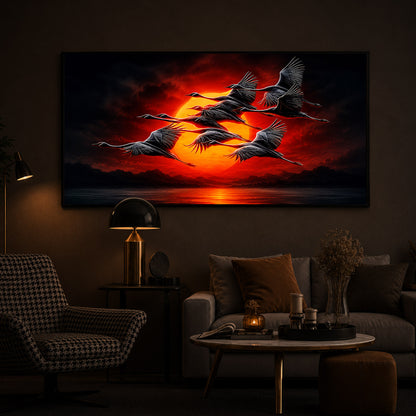 Flying Cranes At Sunset Modern Luxury Backlight Horizontal Wall Art