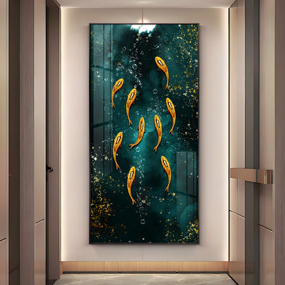 Golden Koi Fishes in Greenery Premium Acrylic Vertical Wall Art