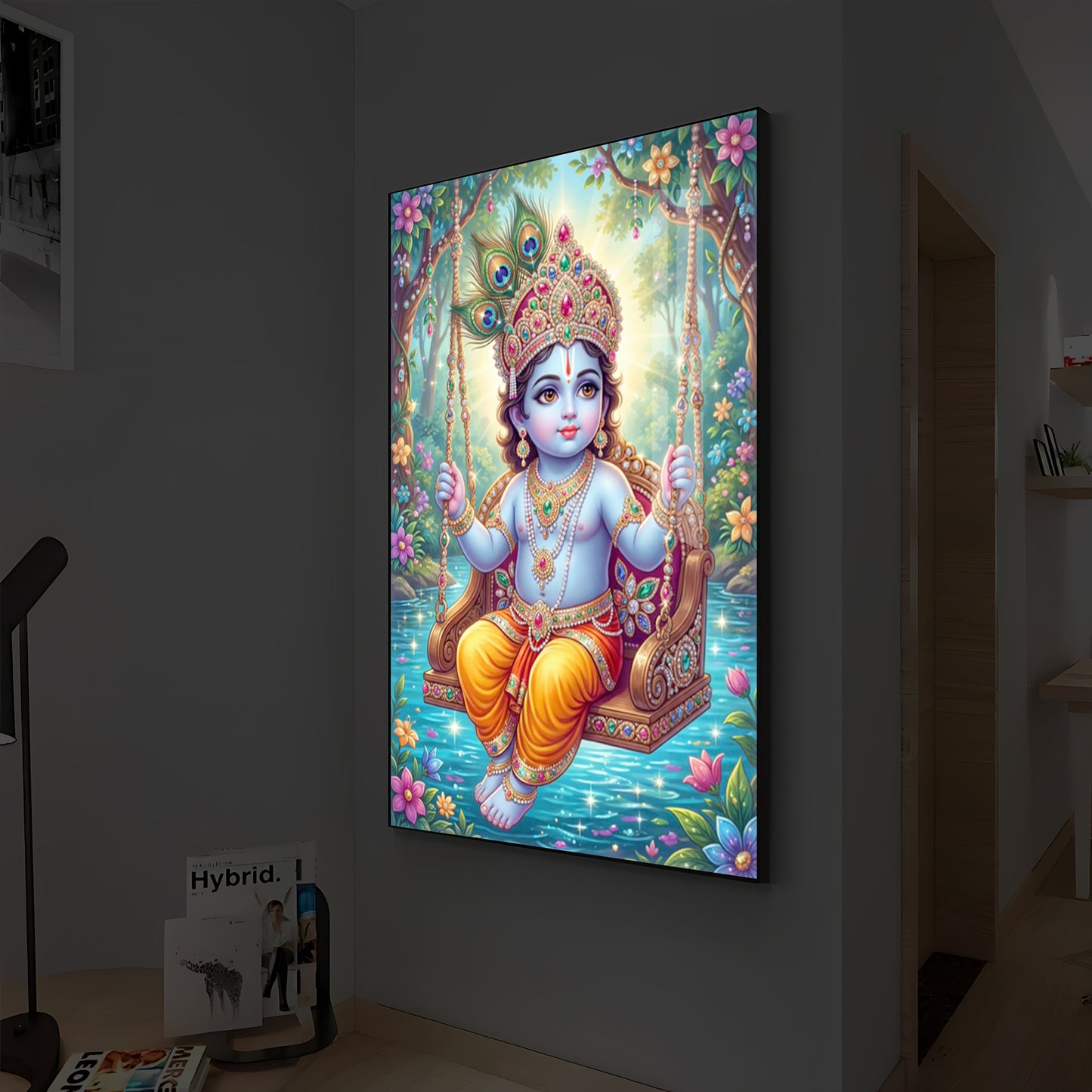Divine Lord Krishna Modern Luxury Backlight Vertical Wall Art