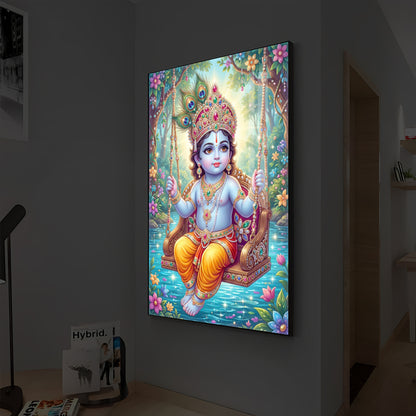 Divine Lord Krishna Modern Luxury Backlight Vertical Wall Art