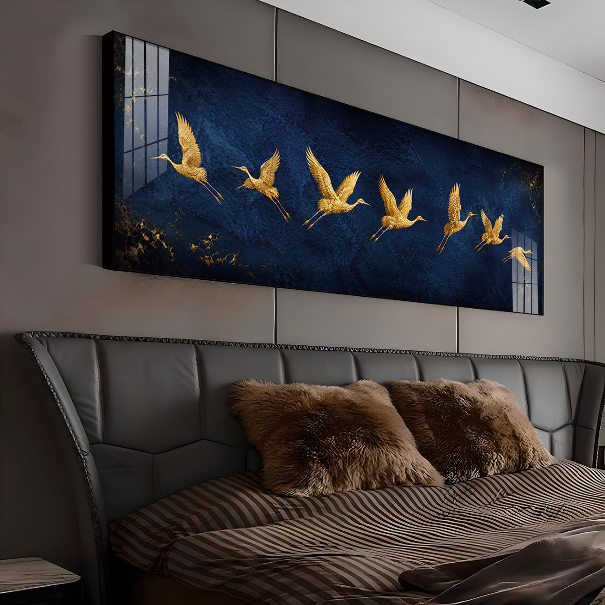 Golden Flying Cranes Dark Blue Premium Acrylic Horizontal Wall Art