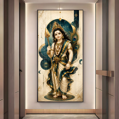 Sacred Lord Murugan & Peacock Feather Premium Acrylic Vertical Wall Art
