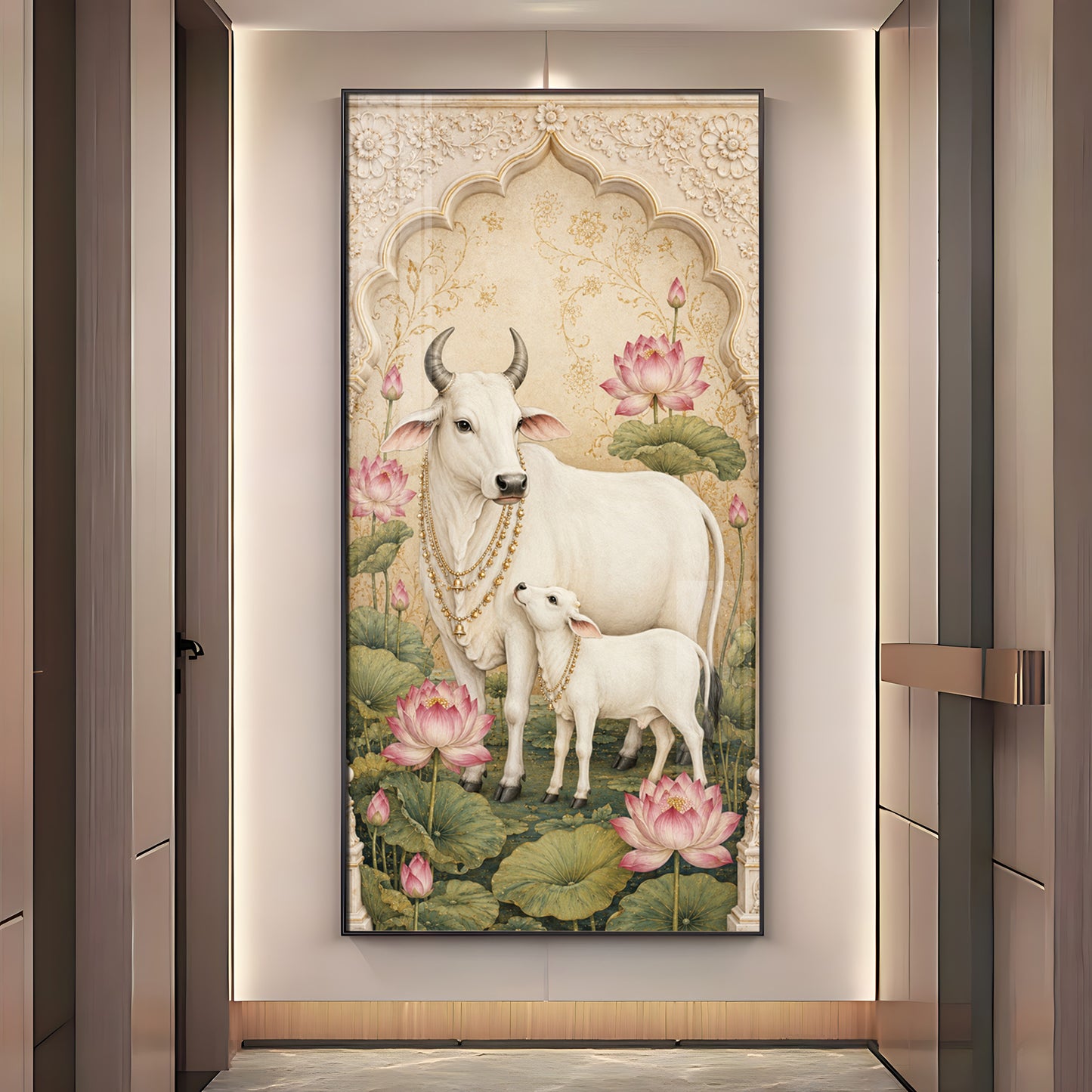 Divine Kamdhenu Cow with Calf Traditional Lotus Premium Acrylic Vertical Wall Art