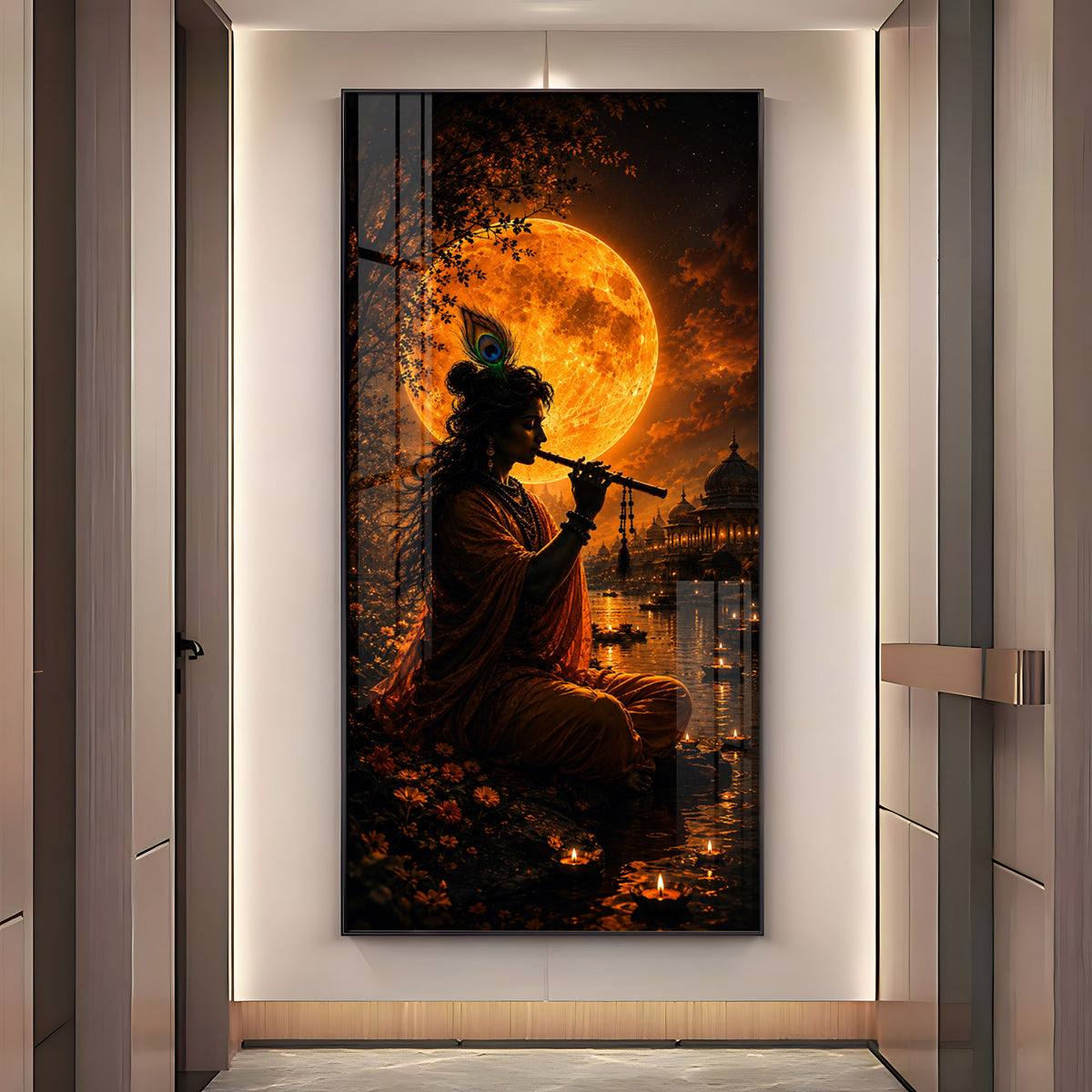 Lord Krishna Under Golden Full Moon Premium Acrylic Vertical Wall Art