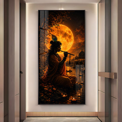 Lord Krishna Under Golden Full Moon Premium Acrylic Vertical Wall Art