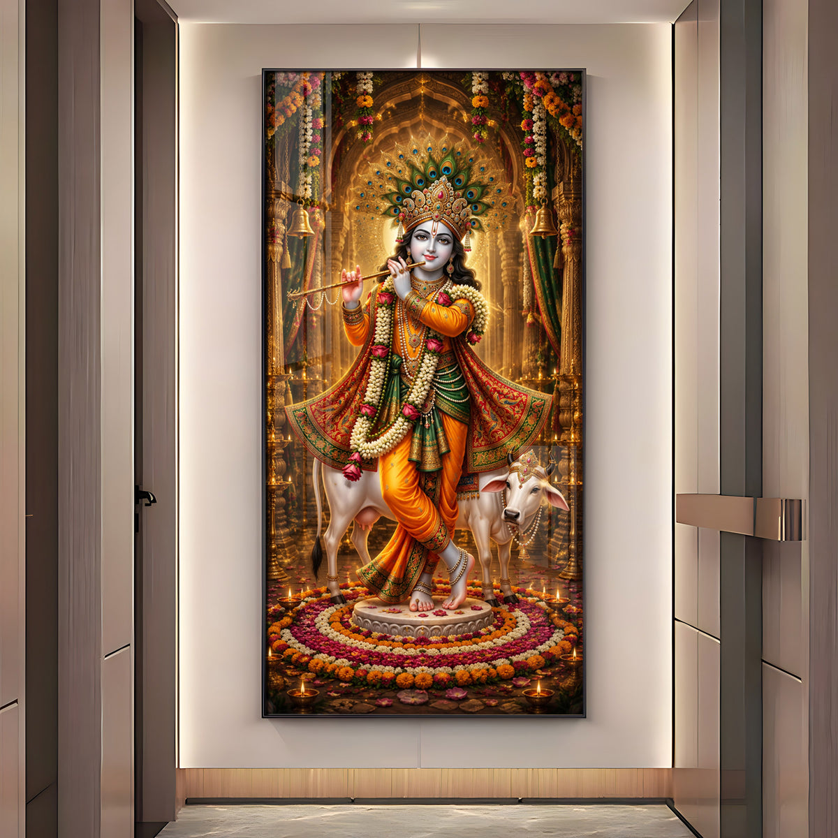 Divine Lord Krishna with Kamadhenu Cow Premium Acrylic Vertical Wall Art