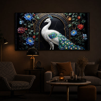 Majestic Peacock With Flower Modern Luxury Backlight Horizontal Wall Art