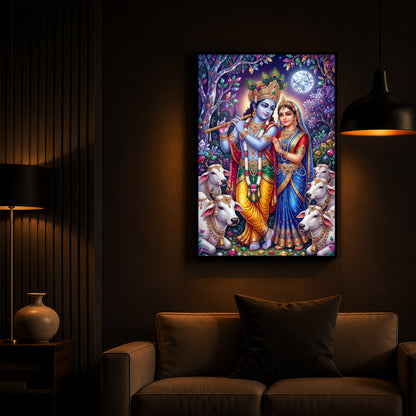 Lord Radha Krishna With Flute Modern Luxury Backlight Vertical Wall Art