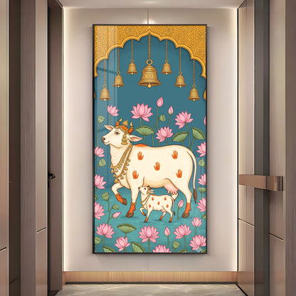 Pichwai Cow & Calf Premium Acrylic Vertical Wall Art