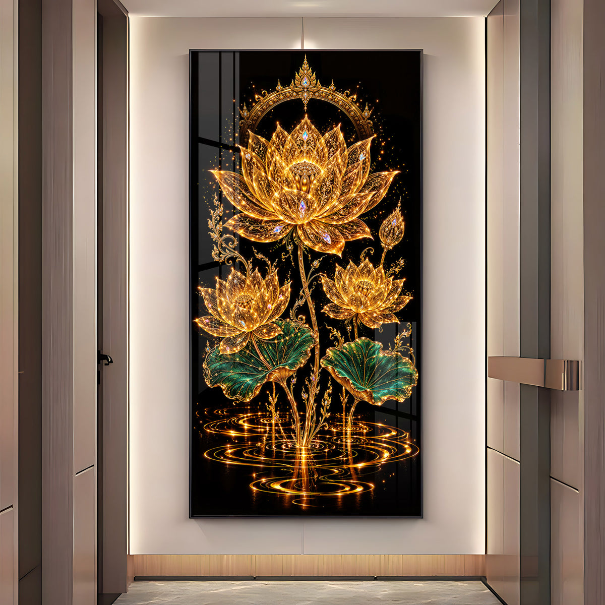 Sacred Golden Lotus Bloom Premium Acrylic Vertical Wall Art