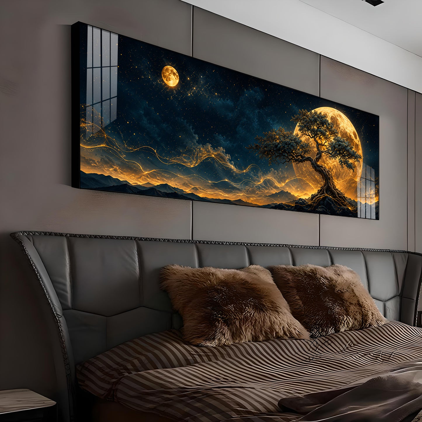 Golden Full Moon Bonsai Tree Premium Acrylic Horizontal Wall Art