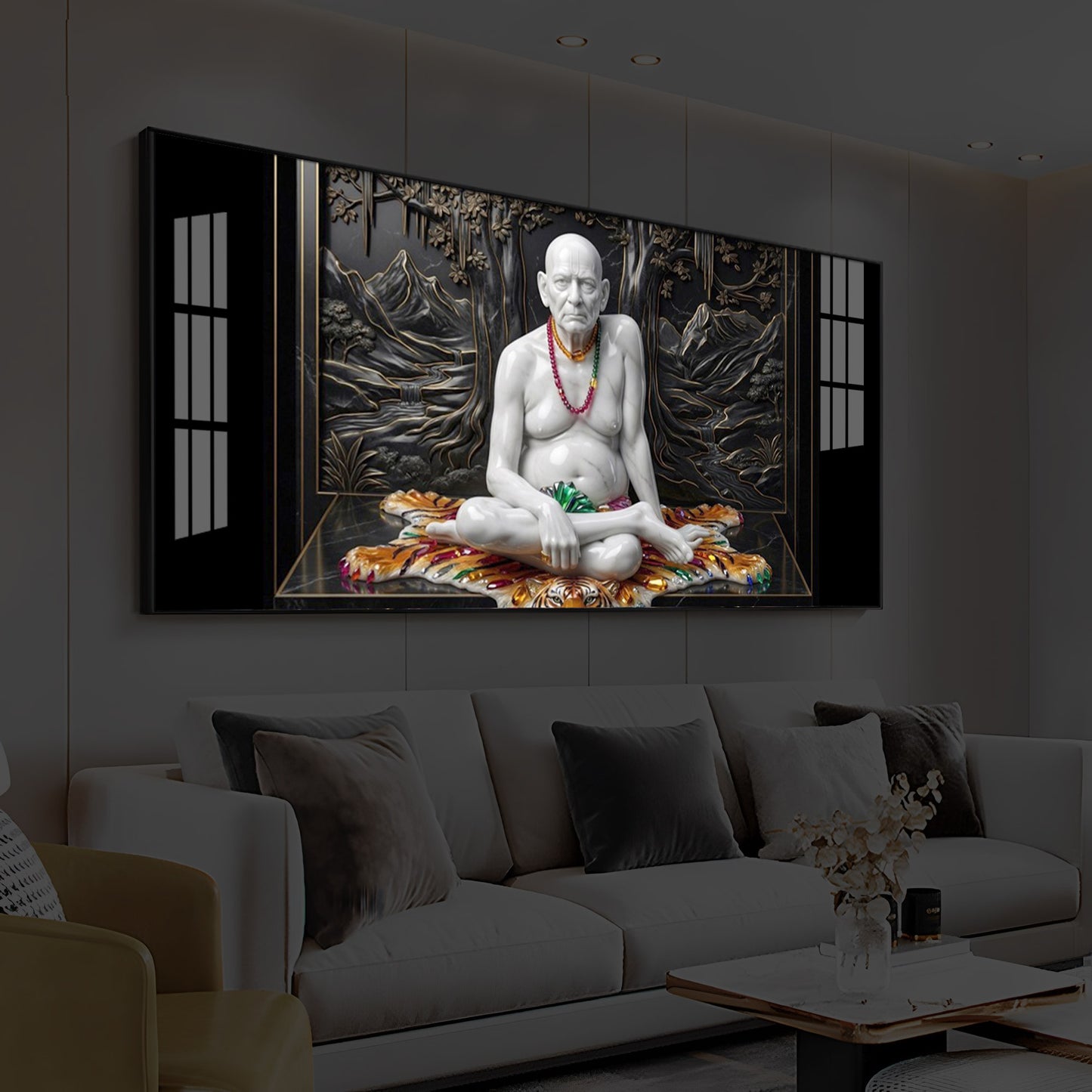 White Marble Swami Samarth Modern Luxury Backlight Horizontal Wall Art