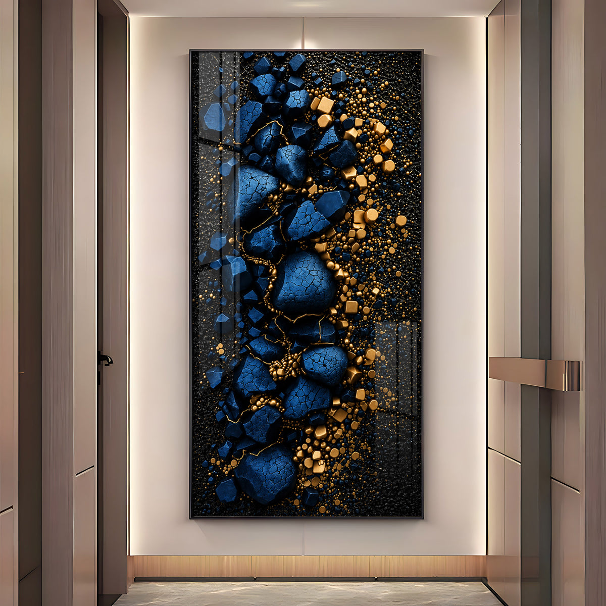 Deep Blue Cracked Rock with Gold Dust Premium Acrylic Vertical Wall Art