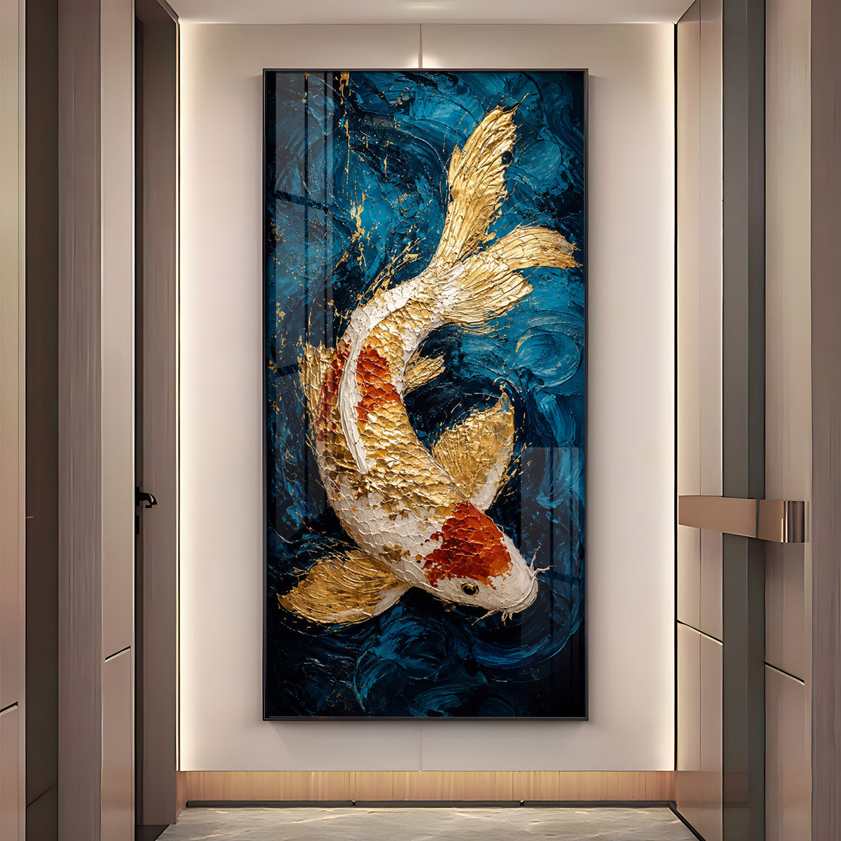 Majestic Golden & Red Koi Fish Deep Blue Background Premium Acrylic Vertical Wall Art