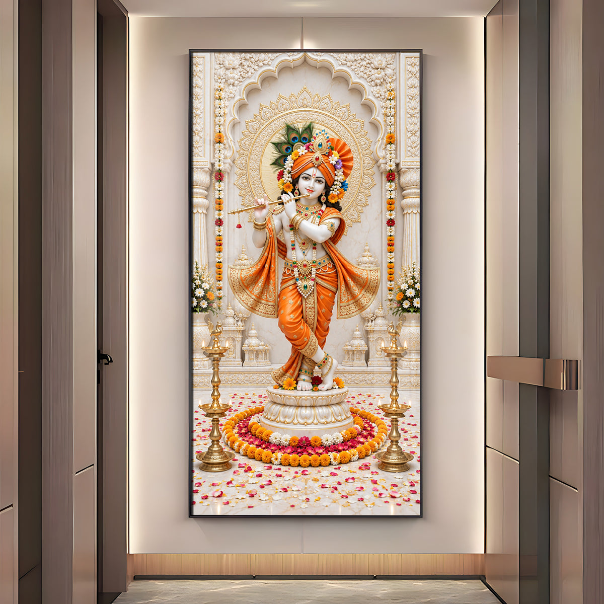 Shri Krishna In Orange Poshak Premium Acrylic Vertical Wall Art