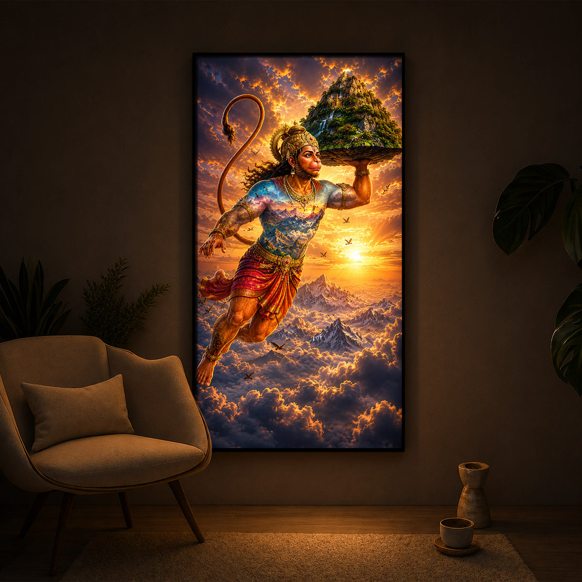 Lord Hanuman Carrying Sanjeevani Mountain Modern Luxury Backlight Vertical Wall Art