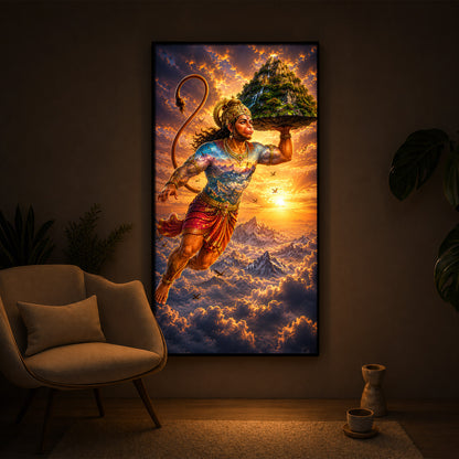Lord Hanuman Carrying Sanjeevani Mountain Modern Luxury Backlight Vertical Wall Art