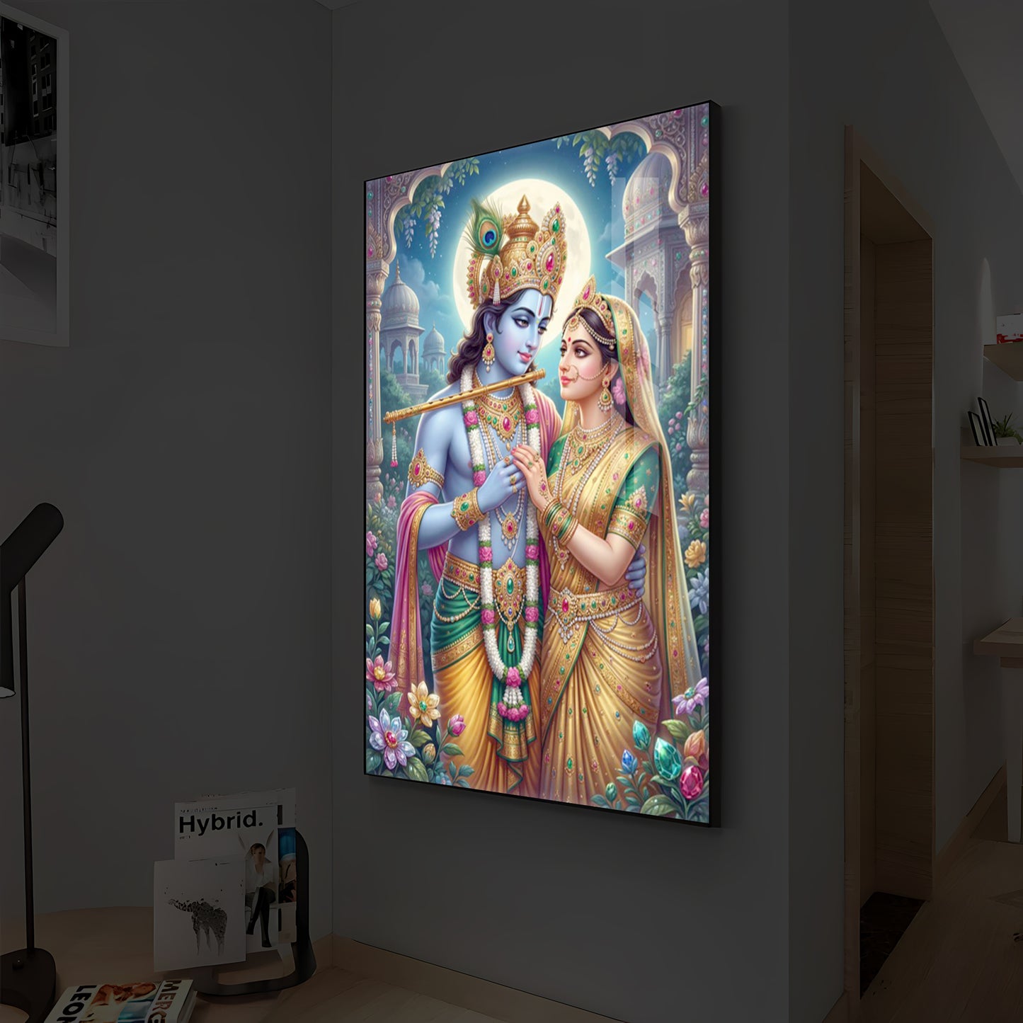 Goddess Shri Radha and God Krishna Modern Luxury Backlight Vertical Wall Art