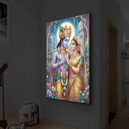 Goddess Shri Radha and God Krishna Modern Luxury Backlight Vertical Wall Art