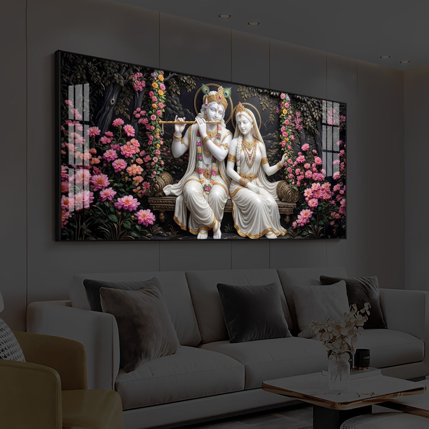 Radha Krishna With Flower Modern Luxury Backlight Horizontal Wall Art