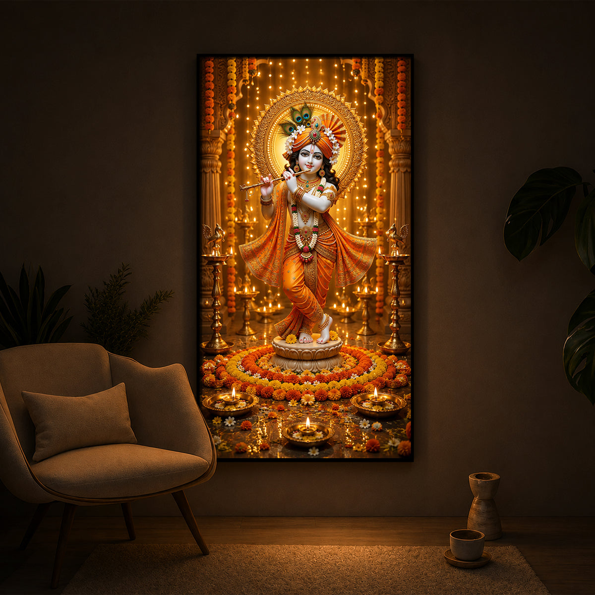 Beautiful Divine Krishna With Flute Modern Luxury Backlight Vertical Wall Art