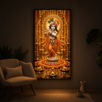 Beautiful Divine Krishna With Flute Modern Luxury Backlight Vertical Wall Art
