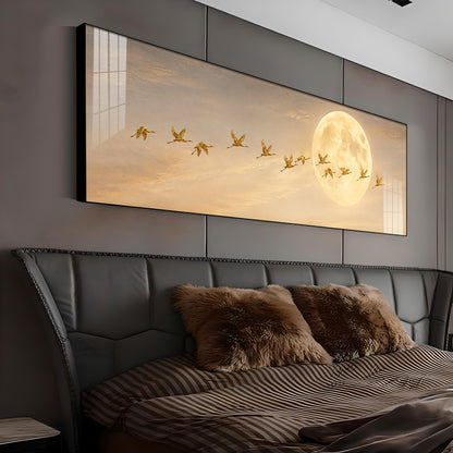 Golden Flying Cranes Full Moon Premium Acrylic Horizontal Wall Art