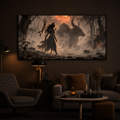 Shiva & Nandi In Forest Modern Luxury Backlight Horizontal Wall Art