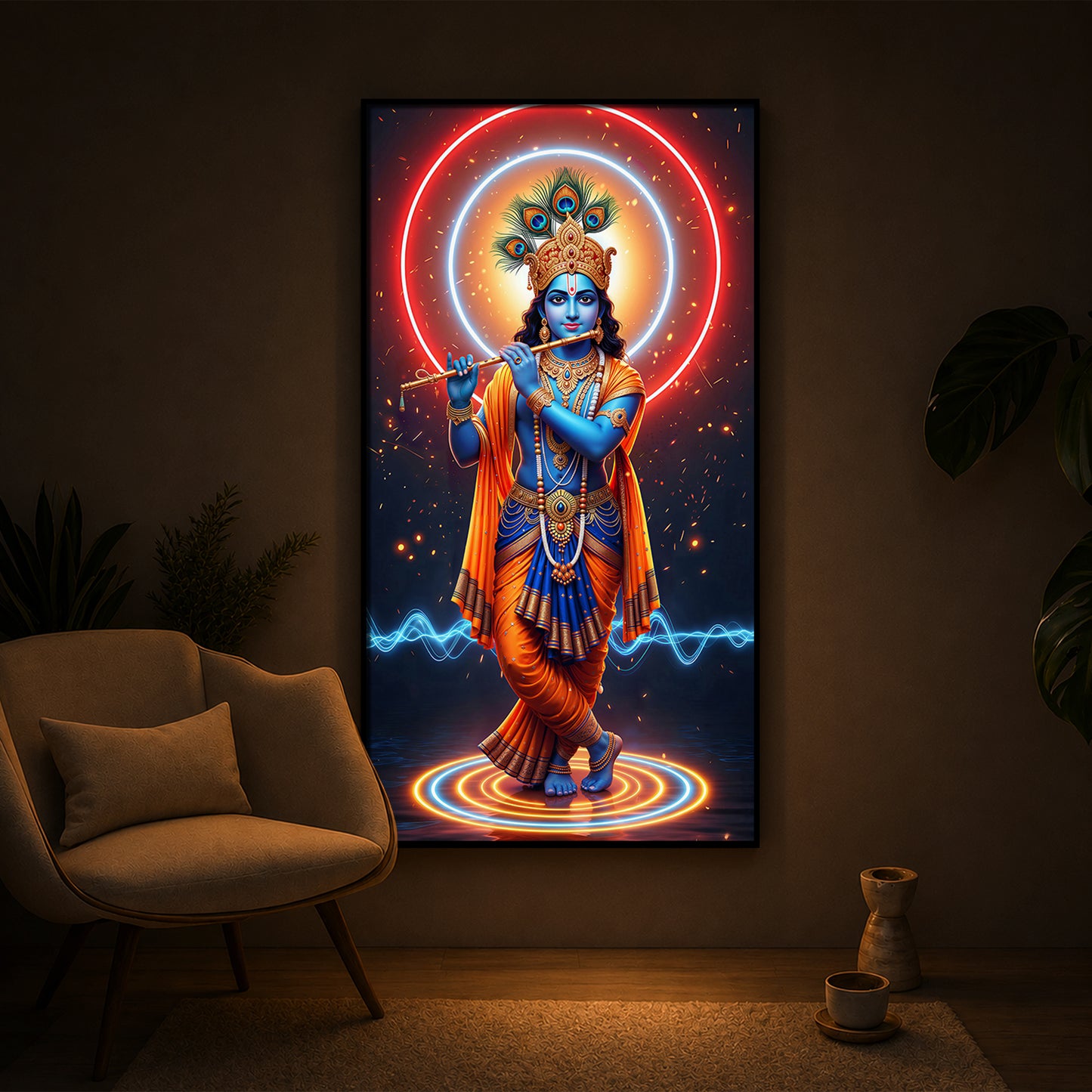 Divine Krishna Modern Luxury Backlight Vertical Wall Art