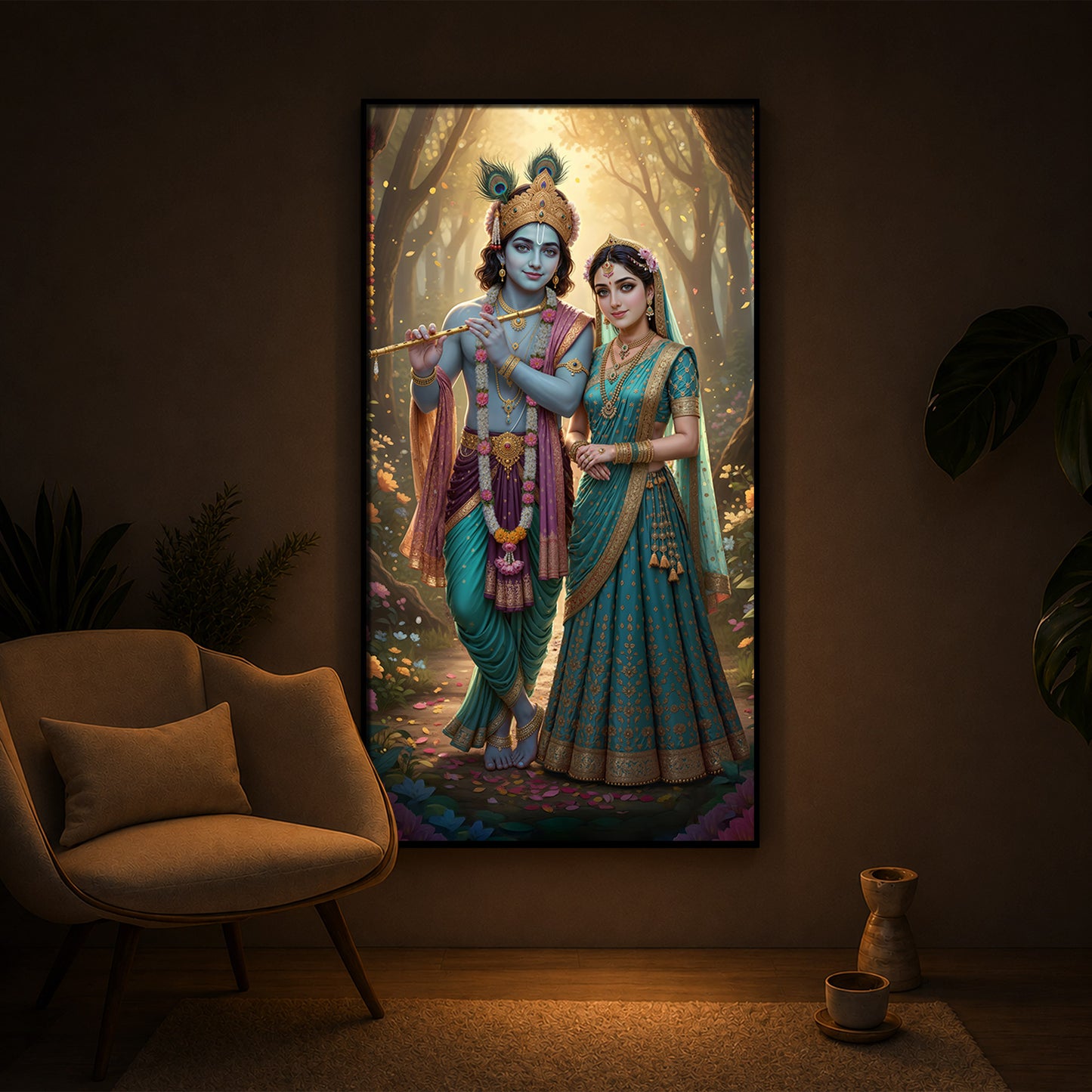 Radhe Krishna Ji Modern Luxury Backlight Vertical Wall Art