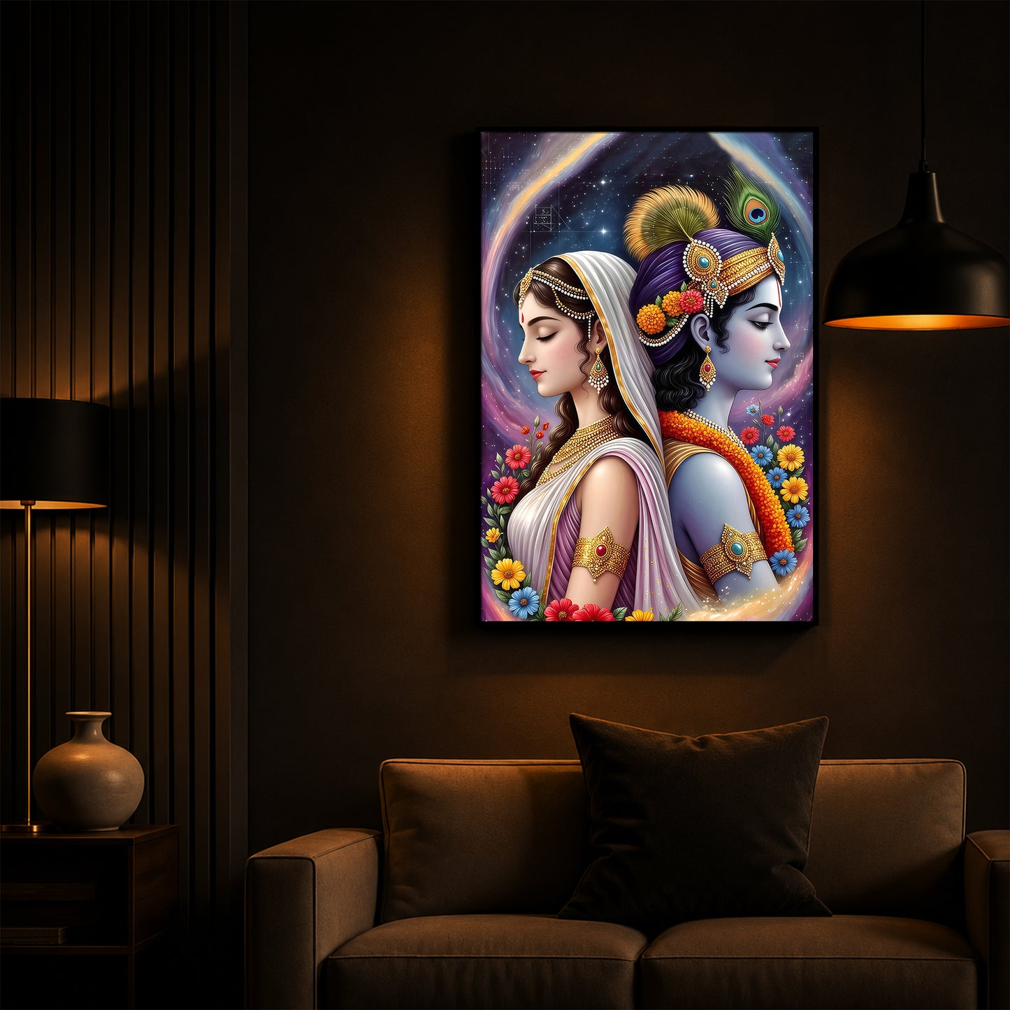Lord Sri Radhe Krishna Modern Luxury Backlight Vertical Wall Art