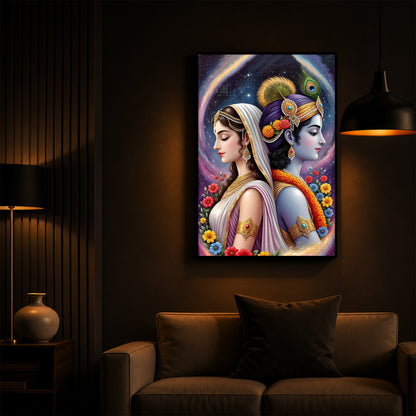 Lord Sri Radhe Krishna Modern Luxury Backlight Vertical Wall Art