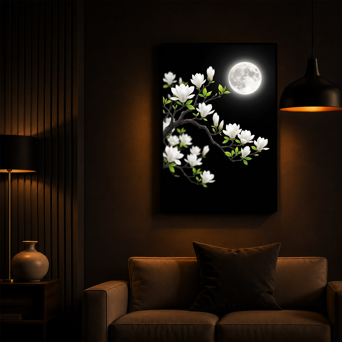 Moonlit White Magnolia Modern Luxury Backlight Vertical Wall Art