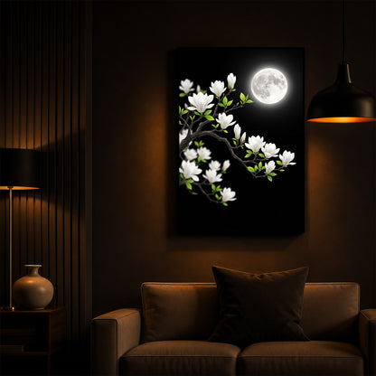 Moonlit White Magnolia Modern Luxury Backlight Vertical Wall Art