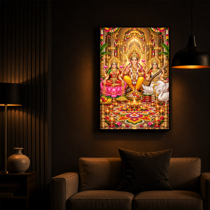Maa Lakshmi, Lord Ganesha and Goddess Saraswati Modern Luxury Backlight Vertical Wall Art