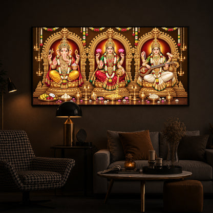 Lord Ganesha, Goddess Lakshmi, and Goddess Saraswati Modern Luxury Backlight Horizontal Wall Art