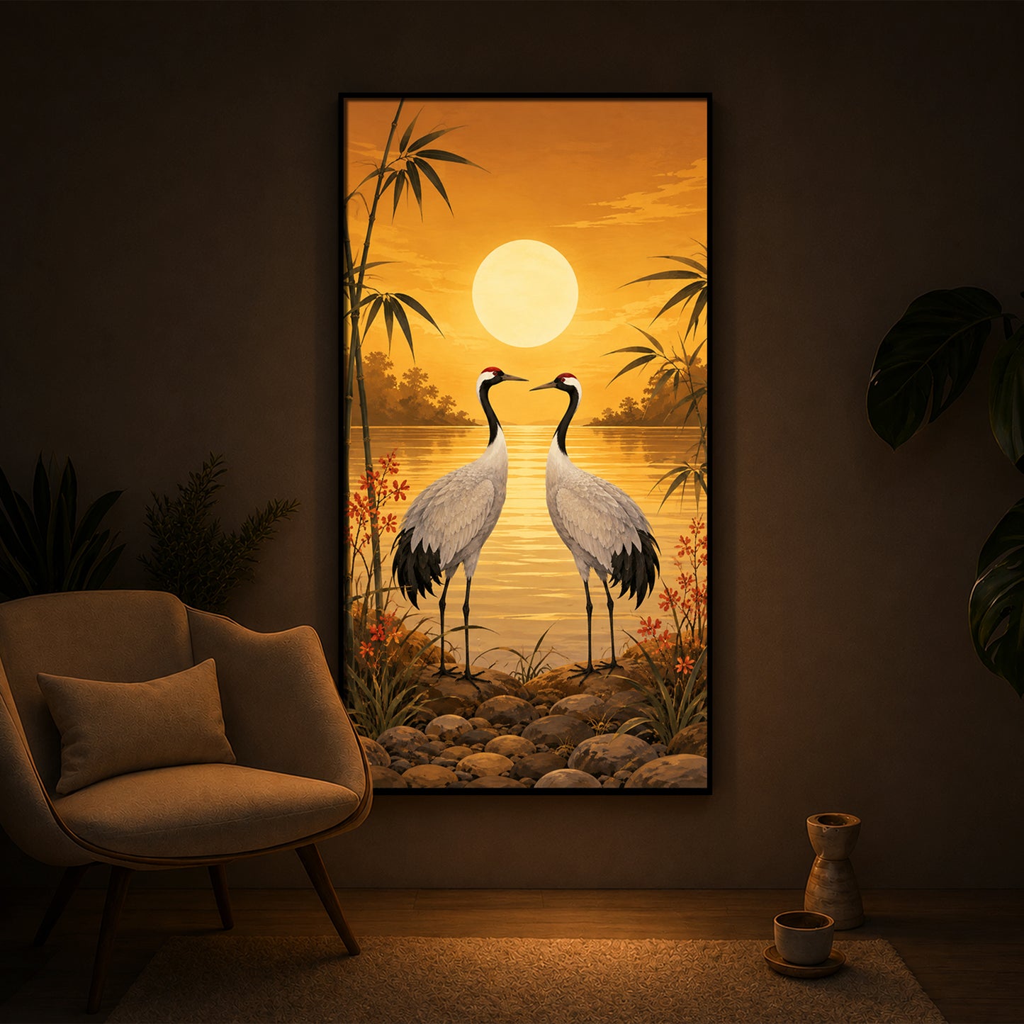 Sunset Crane Pair Modern Luxury Backlight Vertical Wall Art