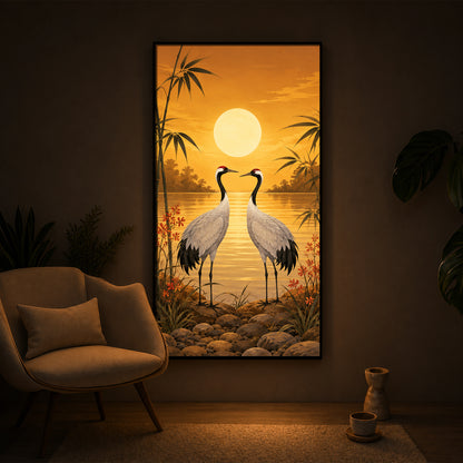 Sunset Crane Pair Modern Luxury Backlight Vertical Wall Art