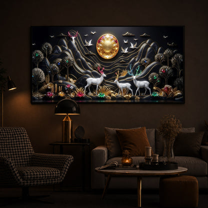 White Deer With Family Modern Luxury Backlight Horizontal Wall Art