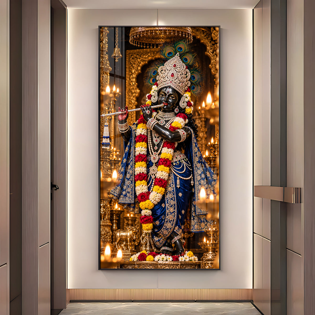 Krishna with Flute in Sanctuary Premium Acrylic Vertical Wall Art