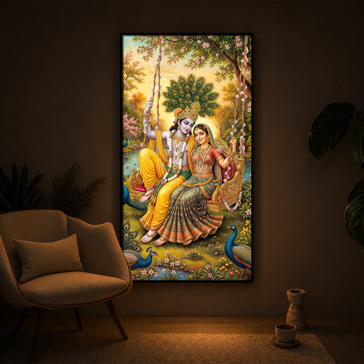 Jai Shri Radha Krishna Modern Luxury Backlight Vertical Wall Art