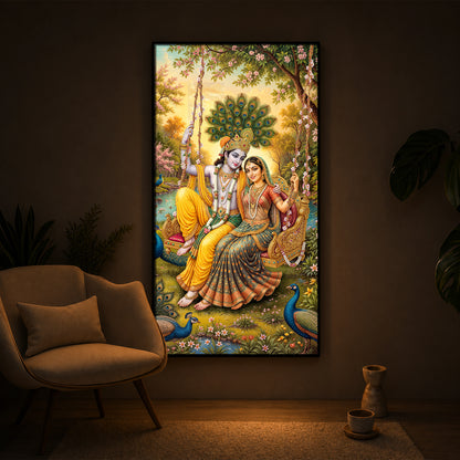 Jai Shri Radha Krishna Modern Luxury Backlight Vertical Wall Art