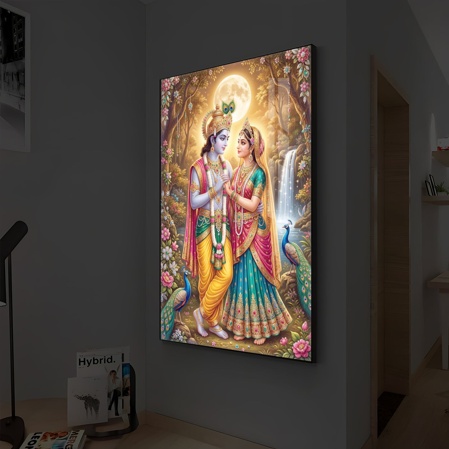 Radha Krishna in Vrindavan Garden Modern Luxury Backlight Vertical Wall Art