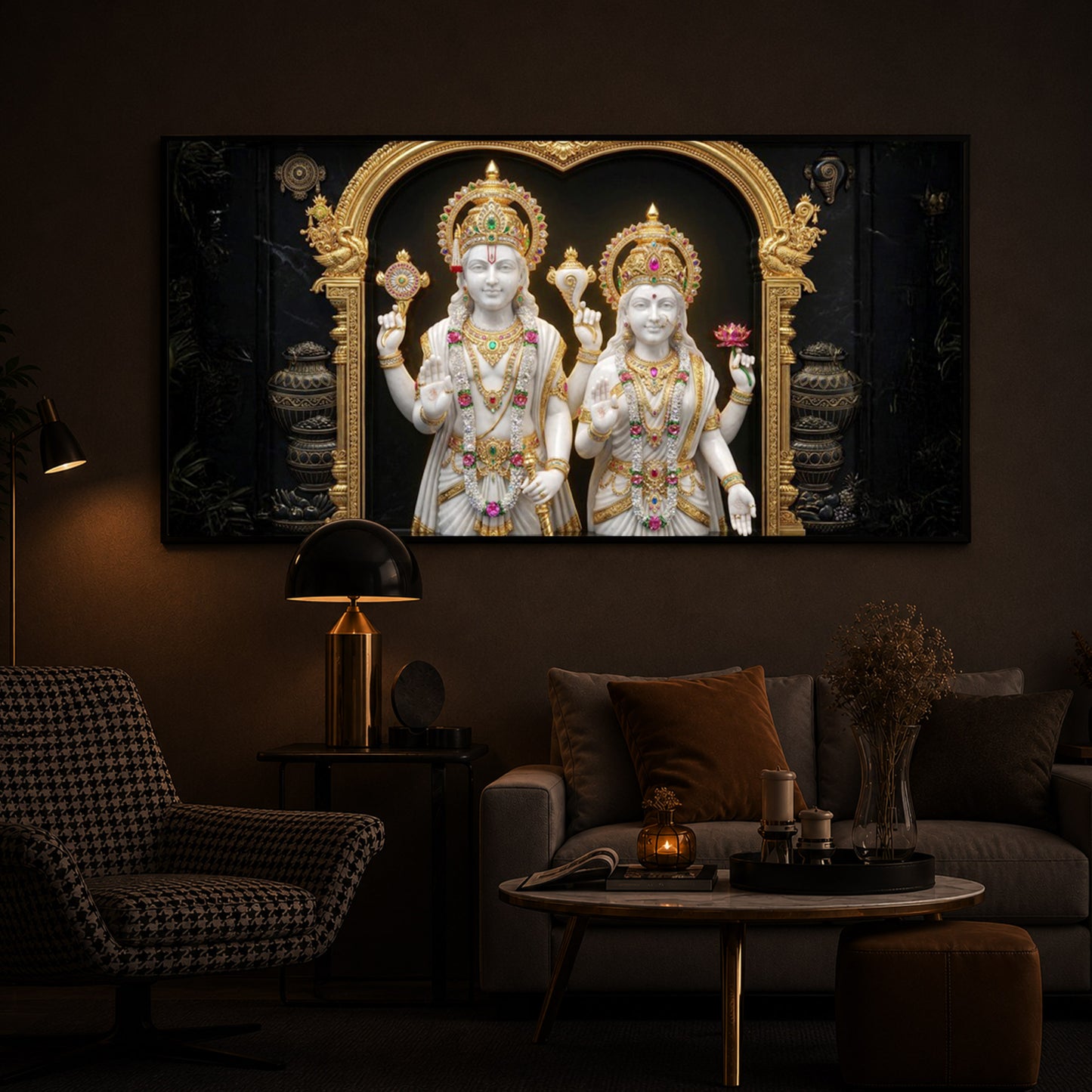 Lord Vishnu & Goddess Lakshmi Modern Luxury Backlight Horizontal Wall Art