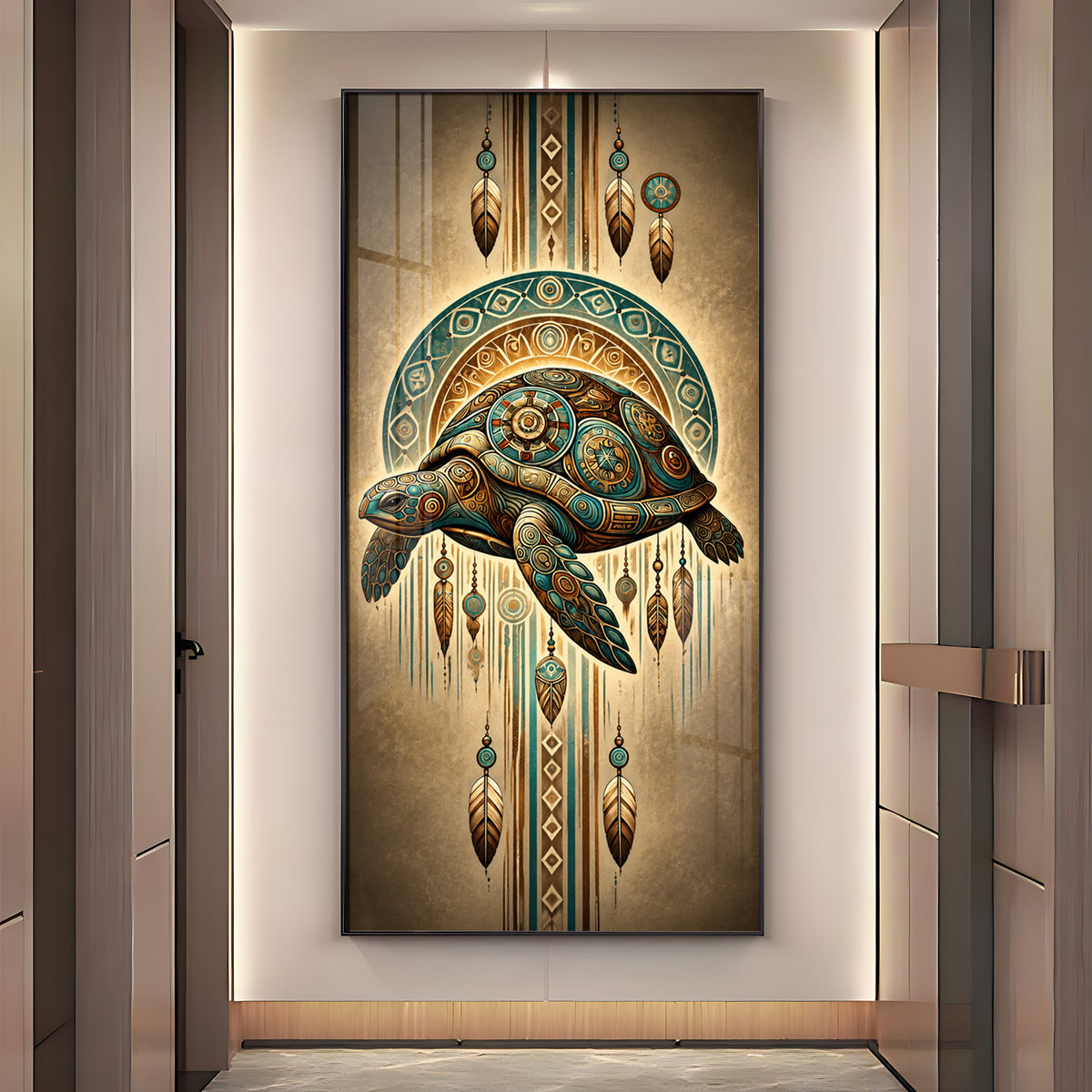 Tribal Patterned Sea Turtle & Feathers Premium Acrylic Vertical Wall Art