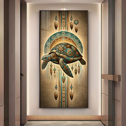 Tribal Patterned Sea Turtle & Feathers Premium Acrylic Vertical Wall Art