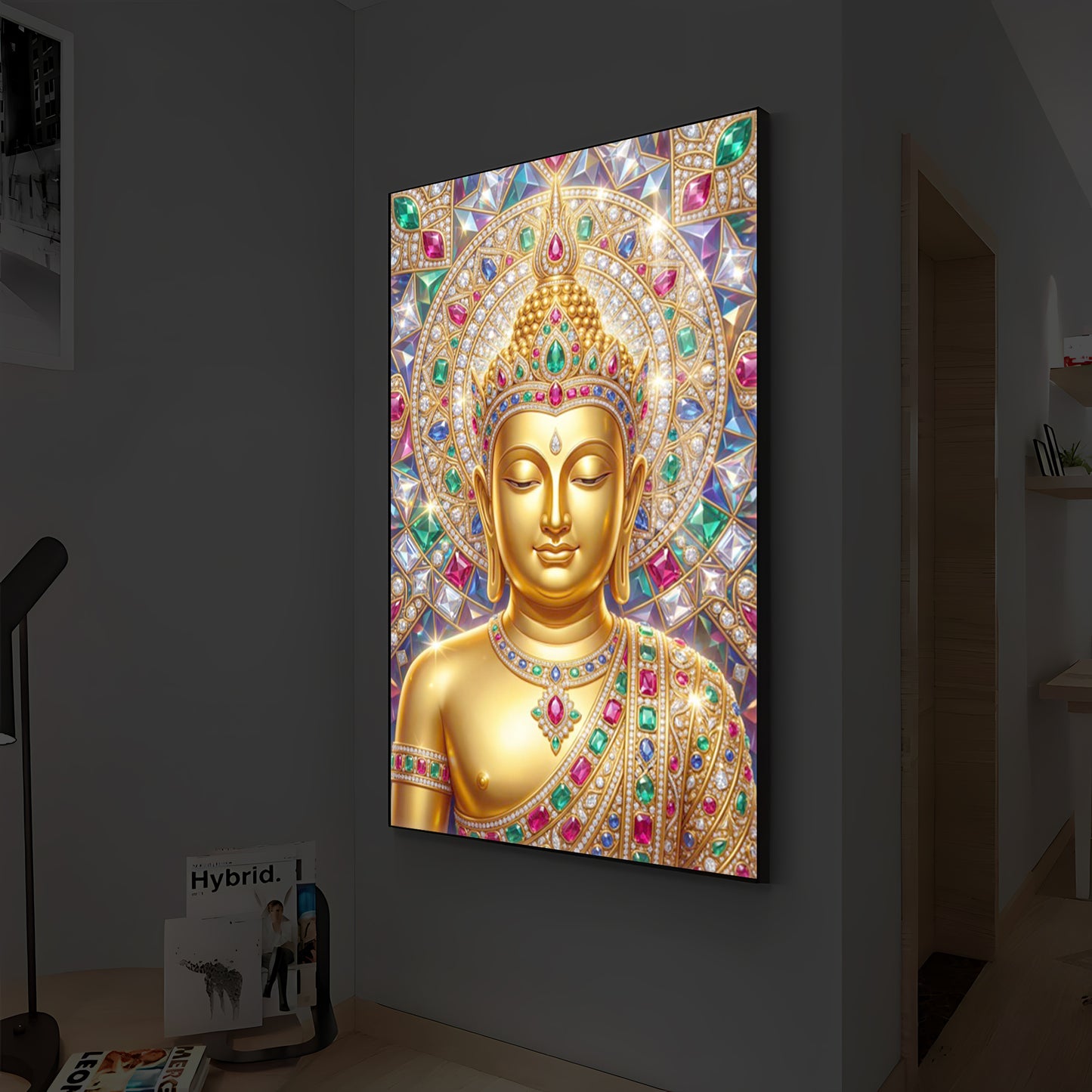 Exquisite Golden Buddha Modern Luxury Backlight Vertical Wall Art