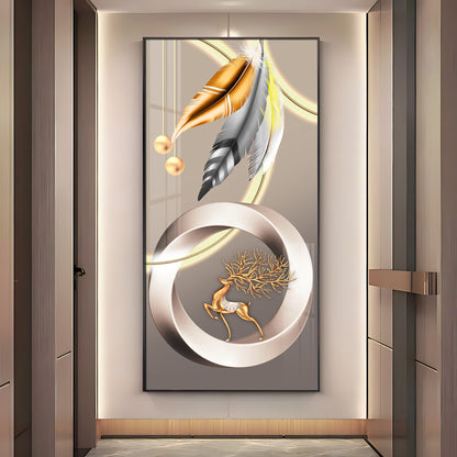 Deer With Gold & Silver Feather Premium Acrylic Vertical Wall Art